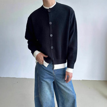 韩版撞色假两件毛衣外套男女2024秋冬款美式宽松休闲纽扣针织开衫