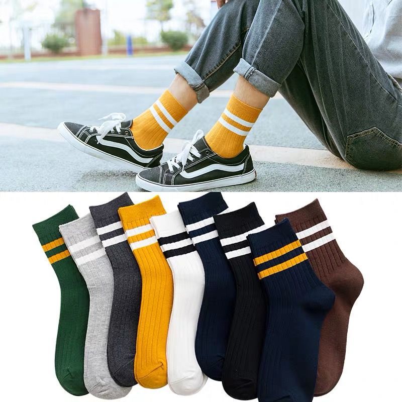 Zhuji Socks Spring Autumn Winter College Style Mid-Calf Two-Bar Unisex Solid Color Cotton Socks Fashion Versatile Long Socks Wholesale