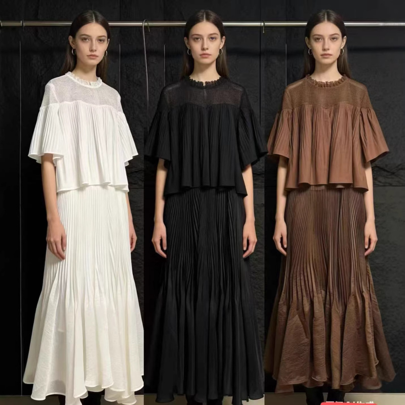 【Banxia Daily】Designer Cape-Style Top with Small Stand-Up Collar Shirt + High-Waisted Pleated Skirt Two-Piece Set