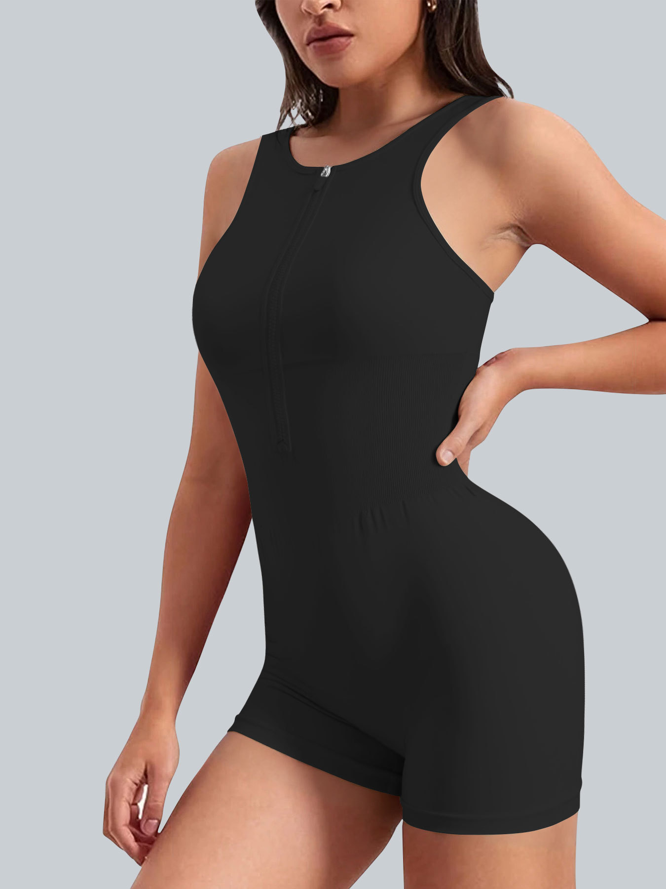 Mono corto con cremallera estilo europeo y americano, para danza, fitness, deportes, body ajustado, sexy, para yoga, con almohadillas en el pecho.