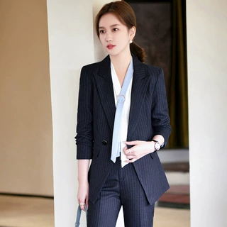 条纹西装套装女职业装气质女神范正装高端珠宝店美容院西服工作服