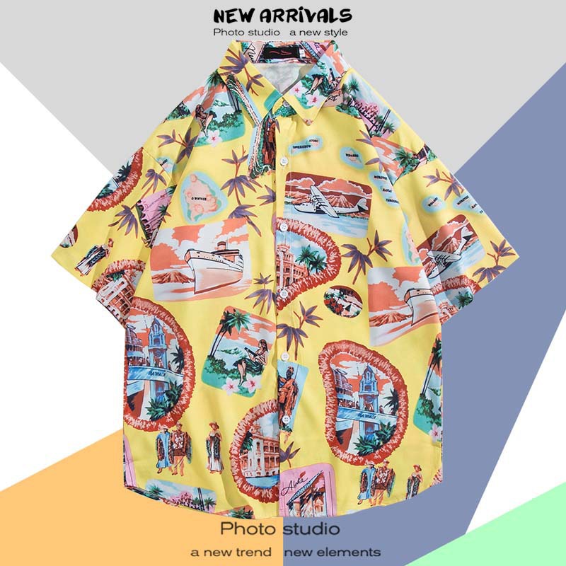 Hong Kong estilo Retro Vintage floral camisa manga corta Estilo Hawaiano tailandés diseño Ruan guapo camisa suelta para hombres y mujeres