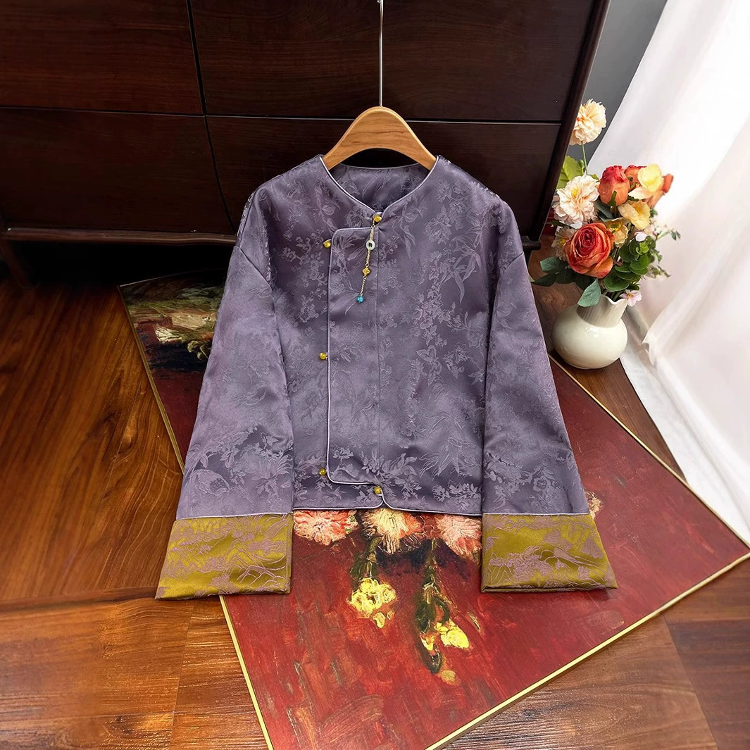 Новая весенняя свободная куртка для женщин, легкий жаккардовый топ в китайском стиле с эффектом стройности, диагональная планка, цветовое сочетание, художественный ретро-стиль.