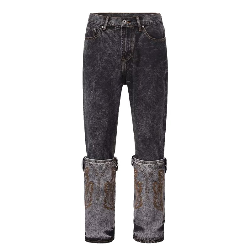 Men's and womenCross-border washed jeans for in spring and autumn American retro raw edge design loose straight wide-leg floor mopping pants_viptrois.com