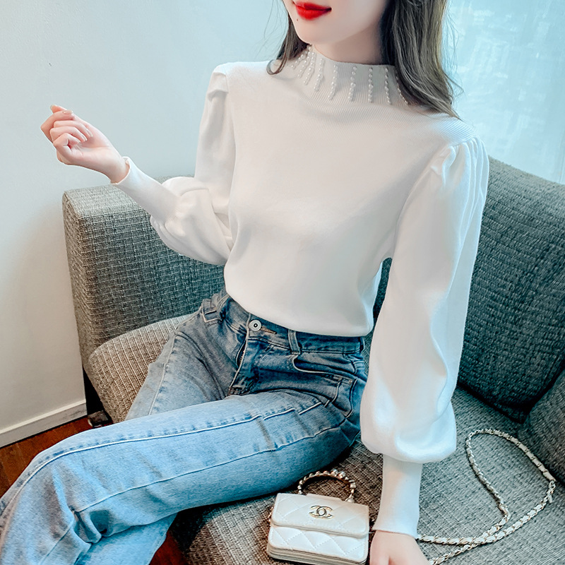 스웨터 커스텀 리얼 샷 겨울 새로운 슬림 핏 롱 슬리브 하프 하이 칼라 비드 버블 슬리브 우아한 니트 탑