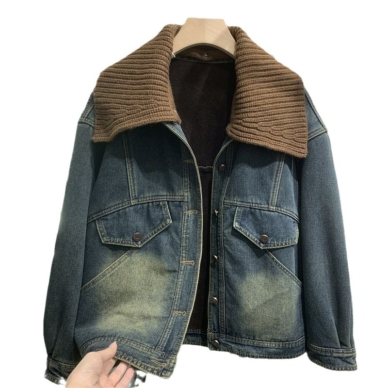 Damkläder Plyschjeansjacka damkorta toppar retrostickad liten tjock jacka_voghion.com