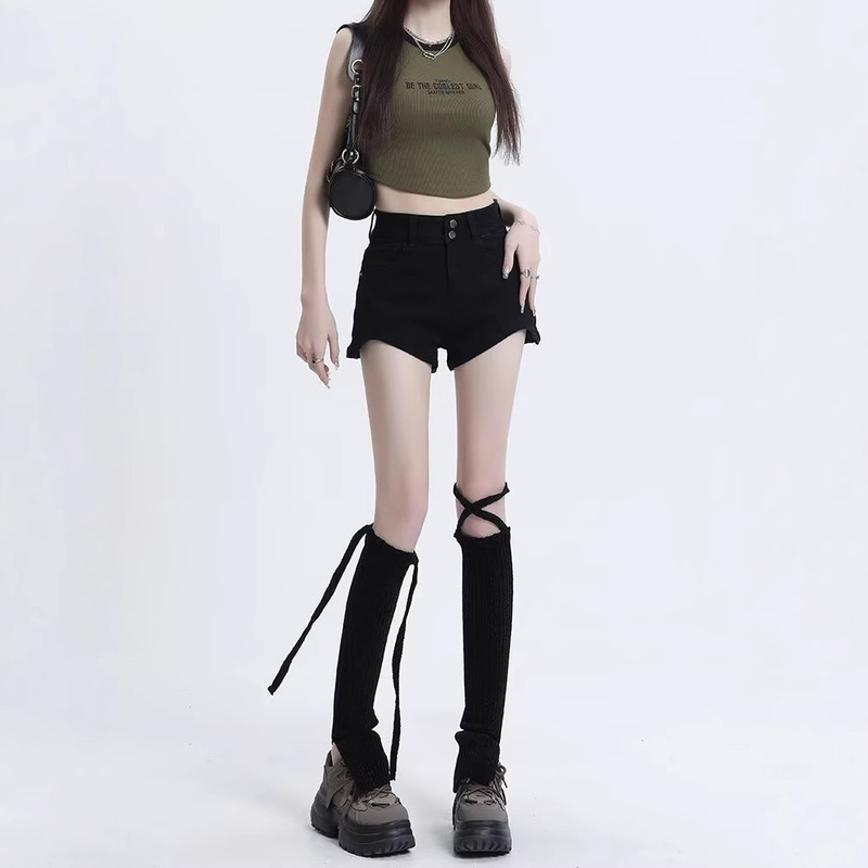Black High-Waisted Denim Shorts for Women Summer 2025 New Slim Fit Beveled American Hot Girl Tight Elastic Hot Pants