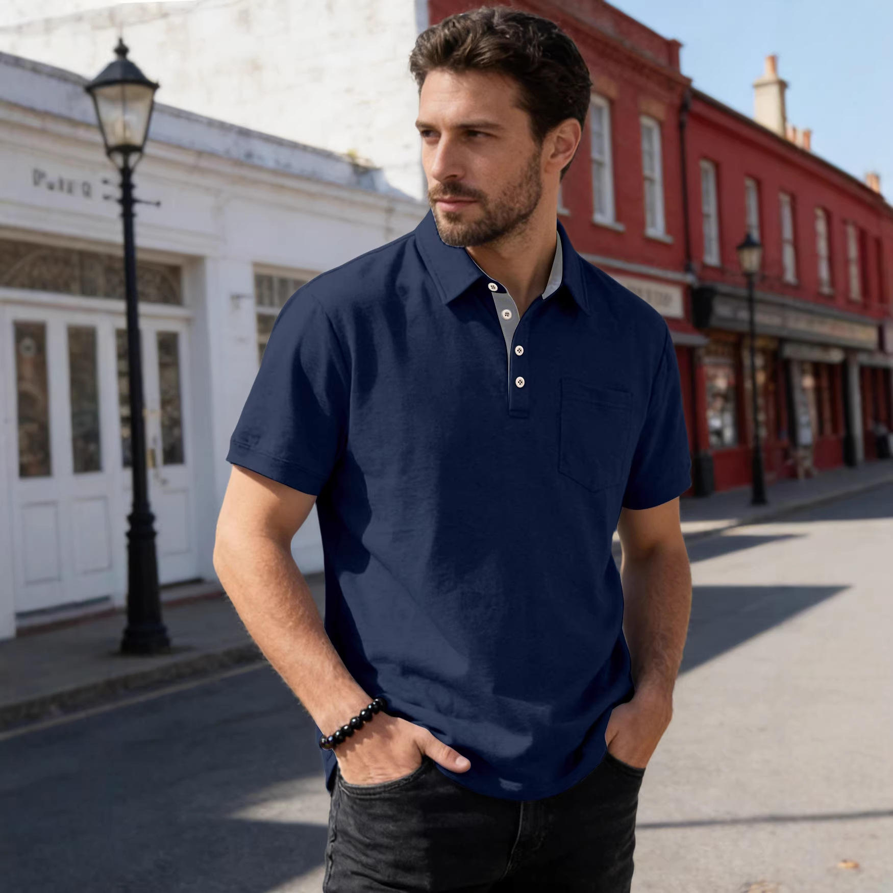 Nuevo transfronterizo Europa y América de verano hombre nuevo polo de manga corta con solapa de color sólido camiseta casual para hombre