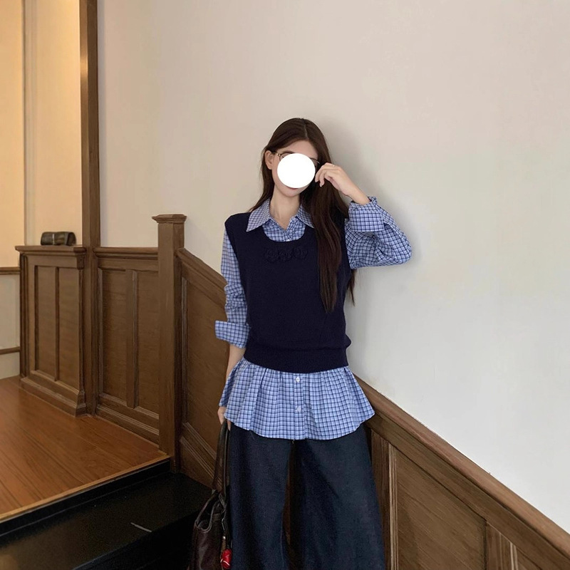 学院风套装女早秋新款针织马甲背心叠穿修身格子长袖衬衫两件套潮|undefined
