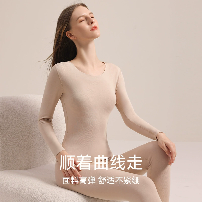 Velvet underwear, comfortable double-sided keep warm set with a round collar