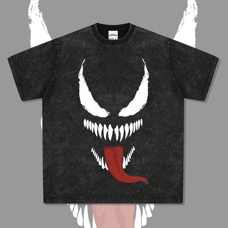 Cross-border American Vintage VENOM Printed Short-sleeved T-shirt Loose Heavy Cotton Long-sleeved Crewneck Hooded Sweatshirt