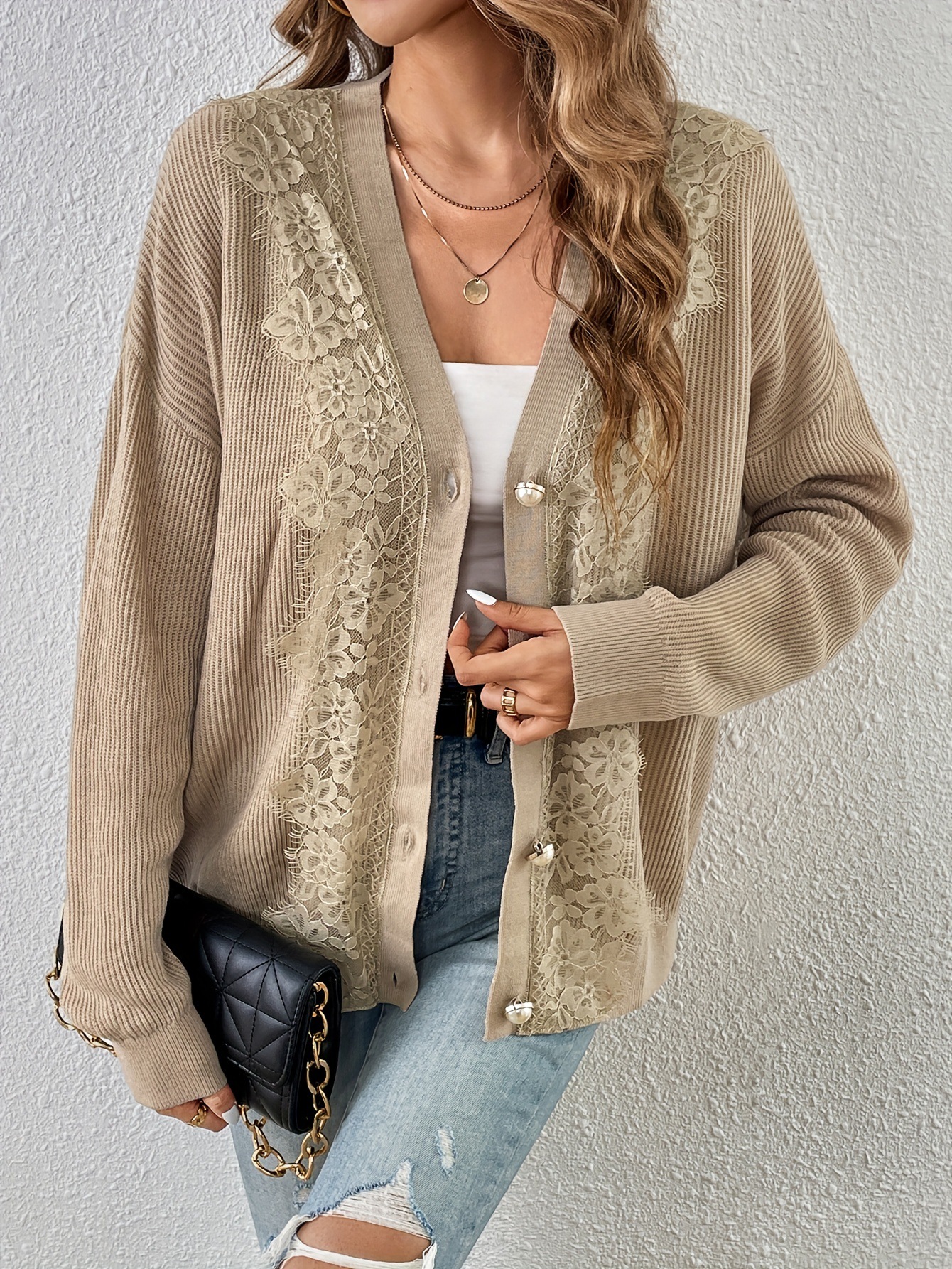 ​​Sexy Knit Cardigan Set – Chic Open-Front Acrylic Sweater With Lace Trim (Khaki, S/M/L)​​_voghion.com