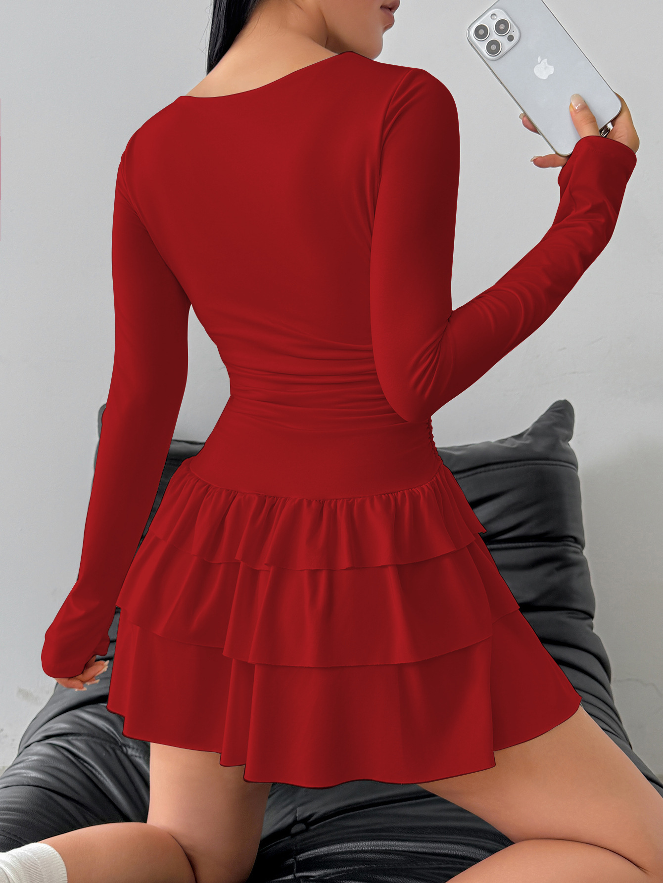 Women's Solid Color Slim Fit Ruffled Panel Long Sleeve Bodycon Mini Dress – Elegant Casual Gown_ecoleips.com