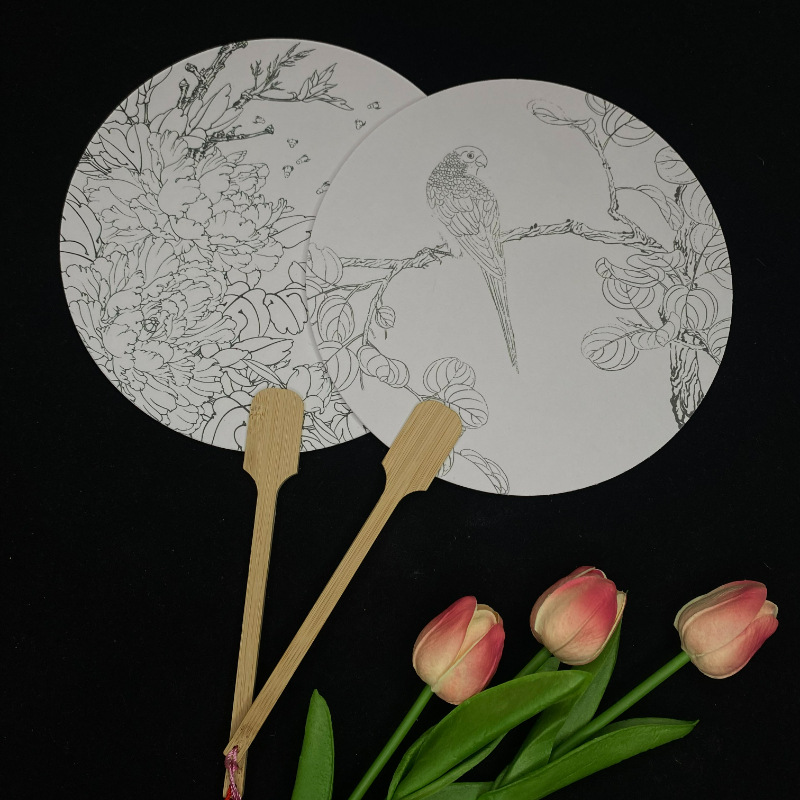 填色团扇线稿花鸟填色宣纸临摹绘画扇diy扇子带线稿线描白描手工