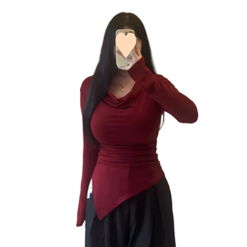 Women's 2025 Spring V-Neck Long-Sleeve Oversized Asymmetrical Design Crew Neck T-shirt for Innerwear and Top