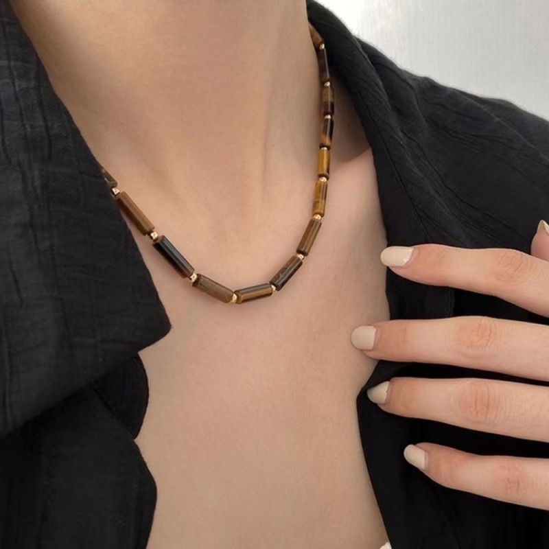 natural stone, Tiger Eye Material 18K Gold Plated Plating Vintage Style Geometric Natural Stone Tiger Eye 18k Gold Plated Necklace In Bulk