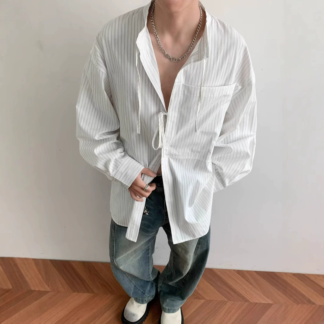 Летняя полосатая рубашка в ленивом стиле, свободная рубашка с длинными рукавами и шнурком, защита от солнца, мужская и женская элитная рубашка