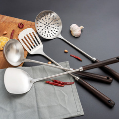Kitchen cooking utensil set of four pieces, including long-handled soup spoon and stir-frying spatula with wooden handle and stainless steel pot shovel