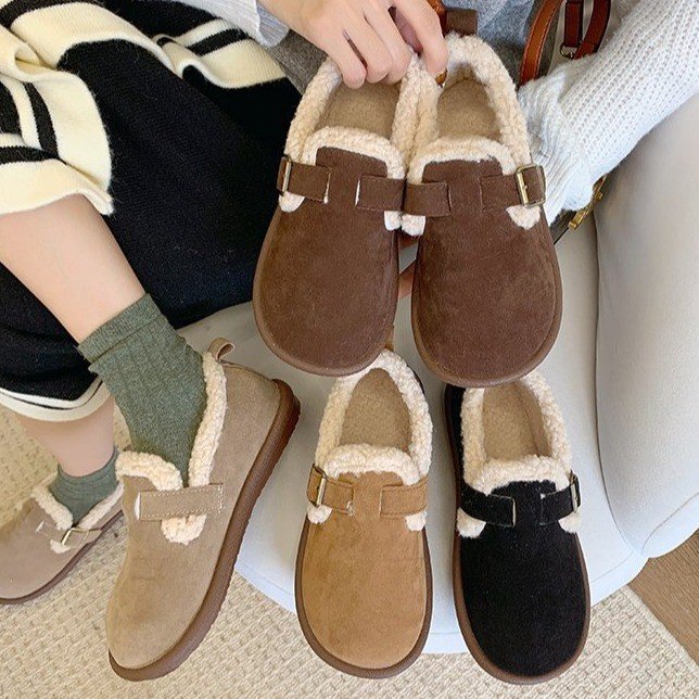 Large Size Foreign Trade Cross-Border Fleece-Lined Snow Boots for Women, Slip-On Shoes with Thick Soles, Single Strap Cotton Shoes, Flat Loafers, Size 43