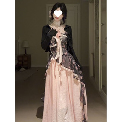 【蝶梦花】温柔甜美开衫法式千金感不规则黑粉拼色碎花长裙两件套