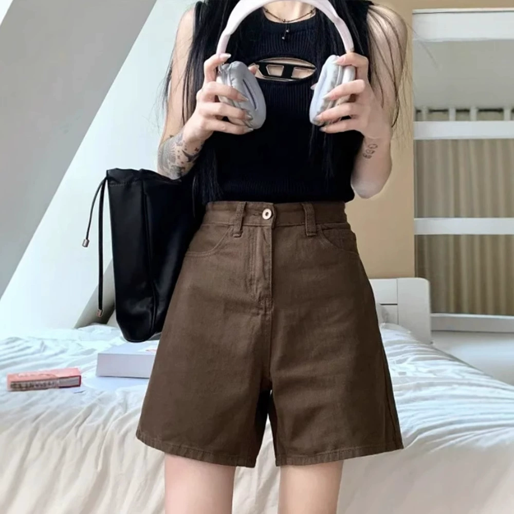Коричневые джинсовые шорты для миниатюрных женщин с фигурами груши, прямые шорты средней длины с завышенной талией, утягивающие, широкие, кофейного цвета.