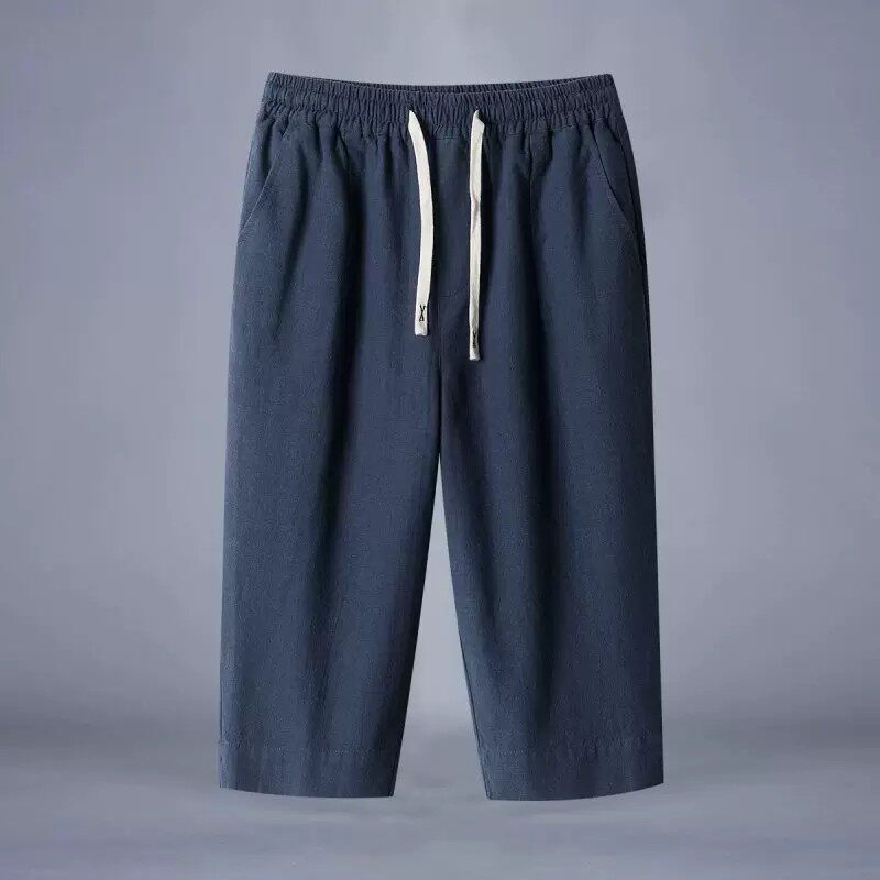 Chinese-style retro navy blue linen cropped pants for men, summer thin casual loose cotton-linen shorts Chinese-style retro navy blue linen cropped pants for men, summer thin casual loose cotton-linen shorts