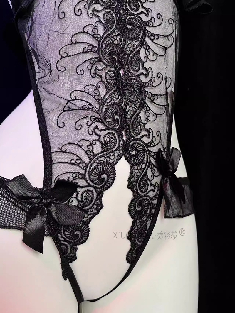 See-Through Lace Backless Babydoll Nightgown, Embroidered One-Piece Lingerie, Black with Open-Crotch Stockings — detail image 21