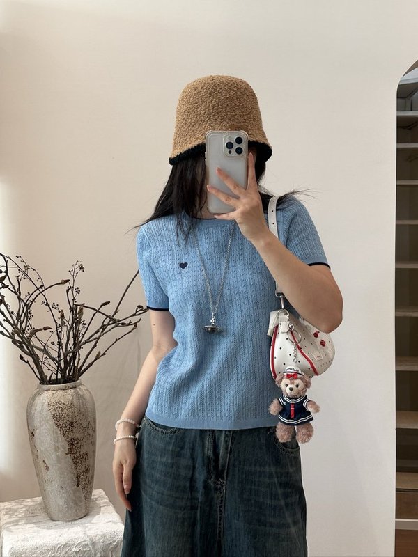 CD52款刺绣小爱心针织短袖T恤女2025夏季新款设计感撞色圆领短款|undefined