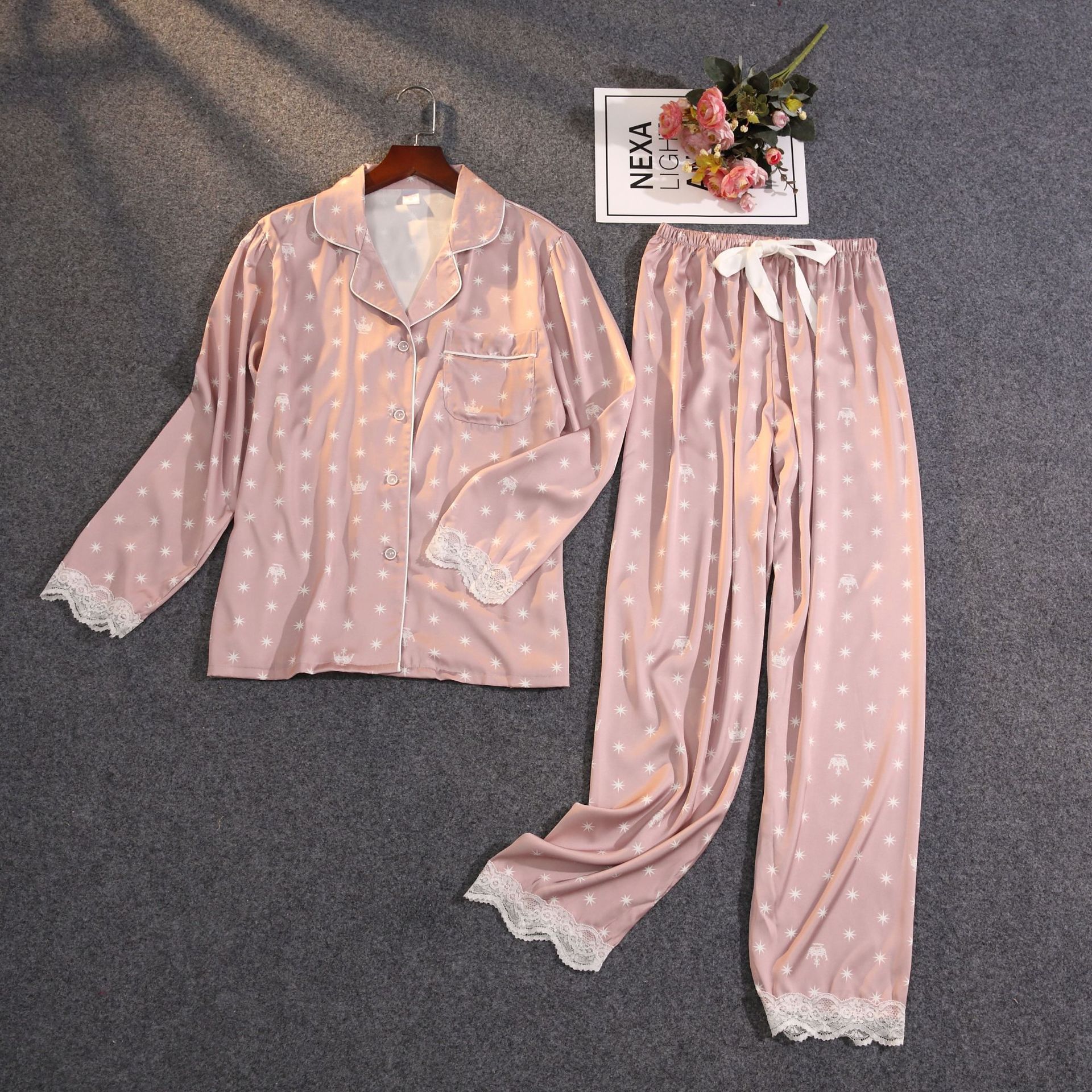 夏睡衣双长现货仿真丝薄款长袖袋装居家粉色支持代发星星皇冠