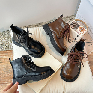 Autumn 2024 New Children's Martin Boots Retro Boys' Leather Boots Fashion Stylish Girls' Motorcycle Boots