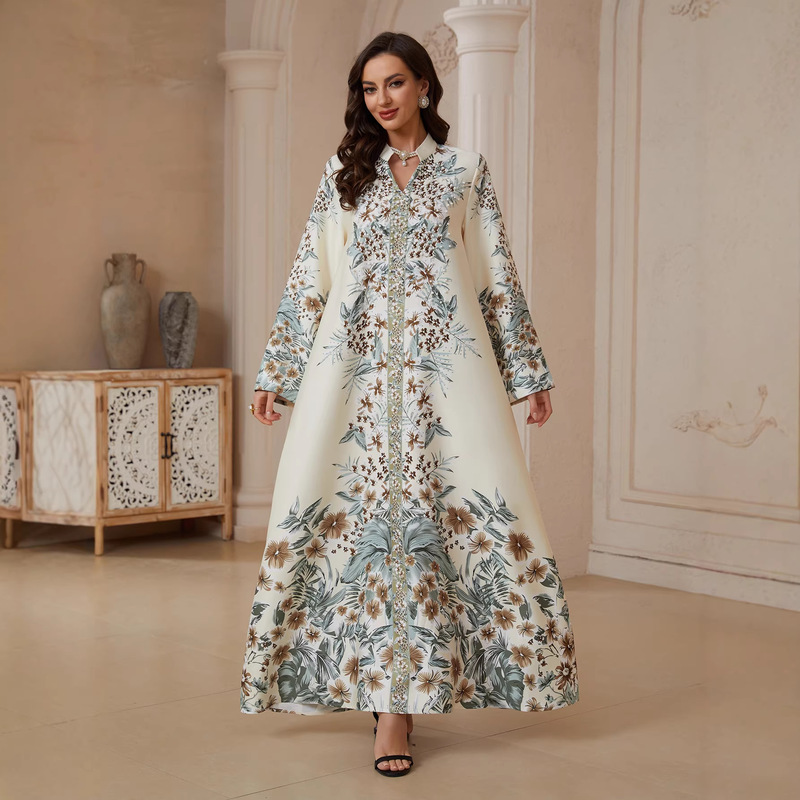 Sw2608 New Fashion Printed Long-Sleeve Gown with Rhinestones, Plus-Size Women's Dress