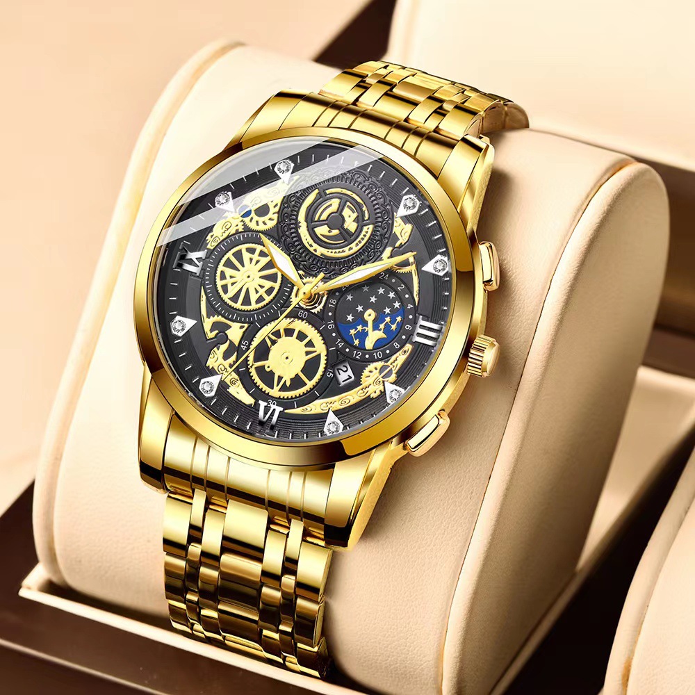 Tuhao Gold Men's Watch impermeable calendario luminoso moda Comercio exterior transfronterizo Piel de camarón incrustada en diamantes TikTok entrega rápida de una pieza