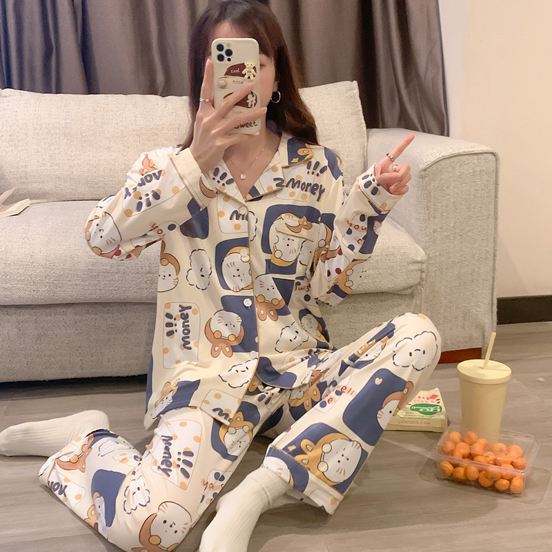 El comercio exterior de primavera y otoño pijamas algodón para las mujeres ins lindo dibujos animados solapa cardigan suelta delgada vestir prendas exteriores homewear