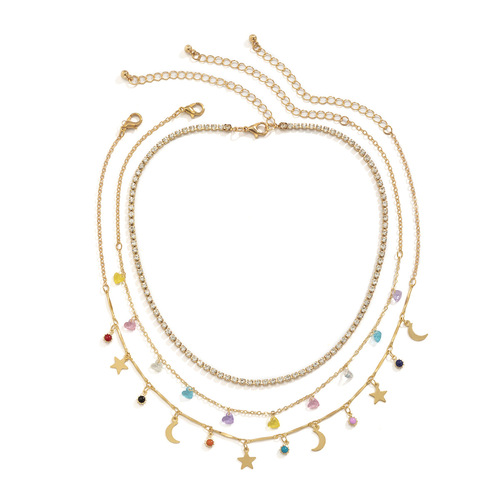 European and American cross-border jewelry Colorful gravel ethnic pendant tassel necklace Simple stacked thin chain star and moon necklace