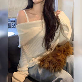 韩系设计感一字领露肩坑条软糯长袖针织衫女新款宽松百搭毛衣上衣