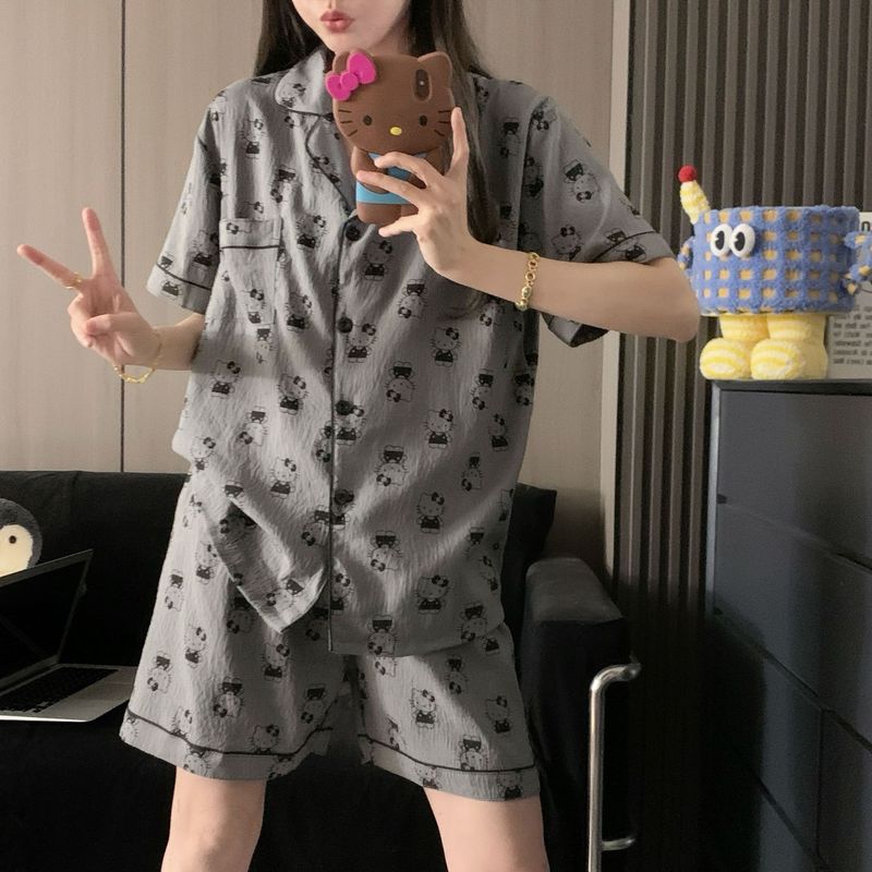 【蓝豹纹凯蒂猫】蓝色豹纹短袖云朵绵三件套褐色领睡衣女夏家居服|undefined