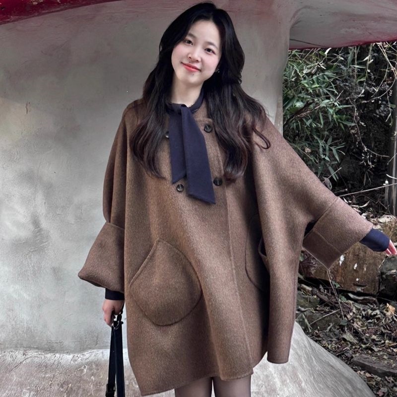 美拉德棕色双面呢子大衣女秋季新款小个子高级感中长款毛呢外套