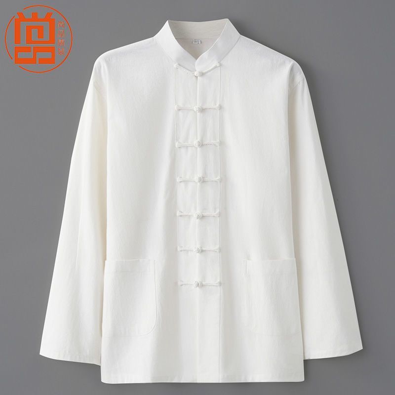 Men's Spring and Autumn Style Tang Suit, Chinese Style Cotton Linen Top, Retro Chinese Clothing Shirt, Stand Collar, Frog Button Base Shirt