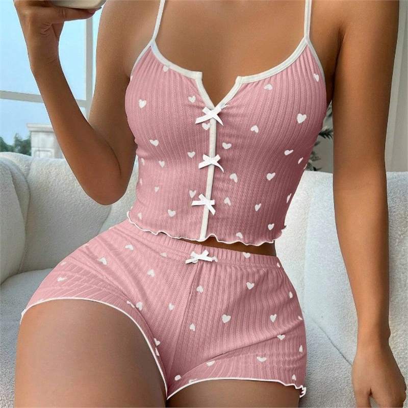 New Sling Shorts Sexy Bow Multicolor Printed Milk Silk suit Comfortable Home Wear Factory New Sling Shorts Sexy Bow Multicolor Printed Milk Silk suit Comfortable Home Wear Factory