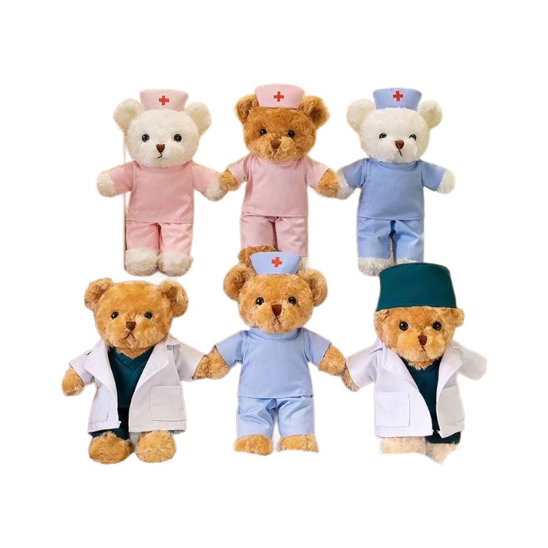 Médico traje de enfermera oso de peluche muñeca de peluche uniforme de enfermera osito puede imprimir logotipo regalo de evento de oso
