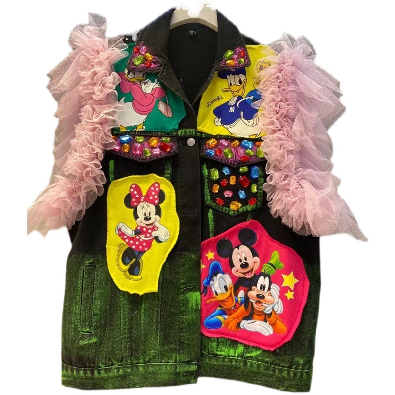 Tailandia marca de moda 2023 otoño nueva industria pesada de dibujos animados casual Denim chaleco mujer edad-reducción encaje estilo occidental top image 1