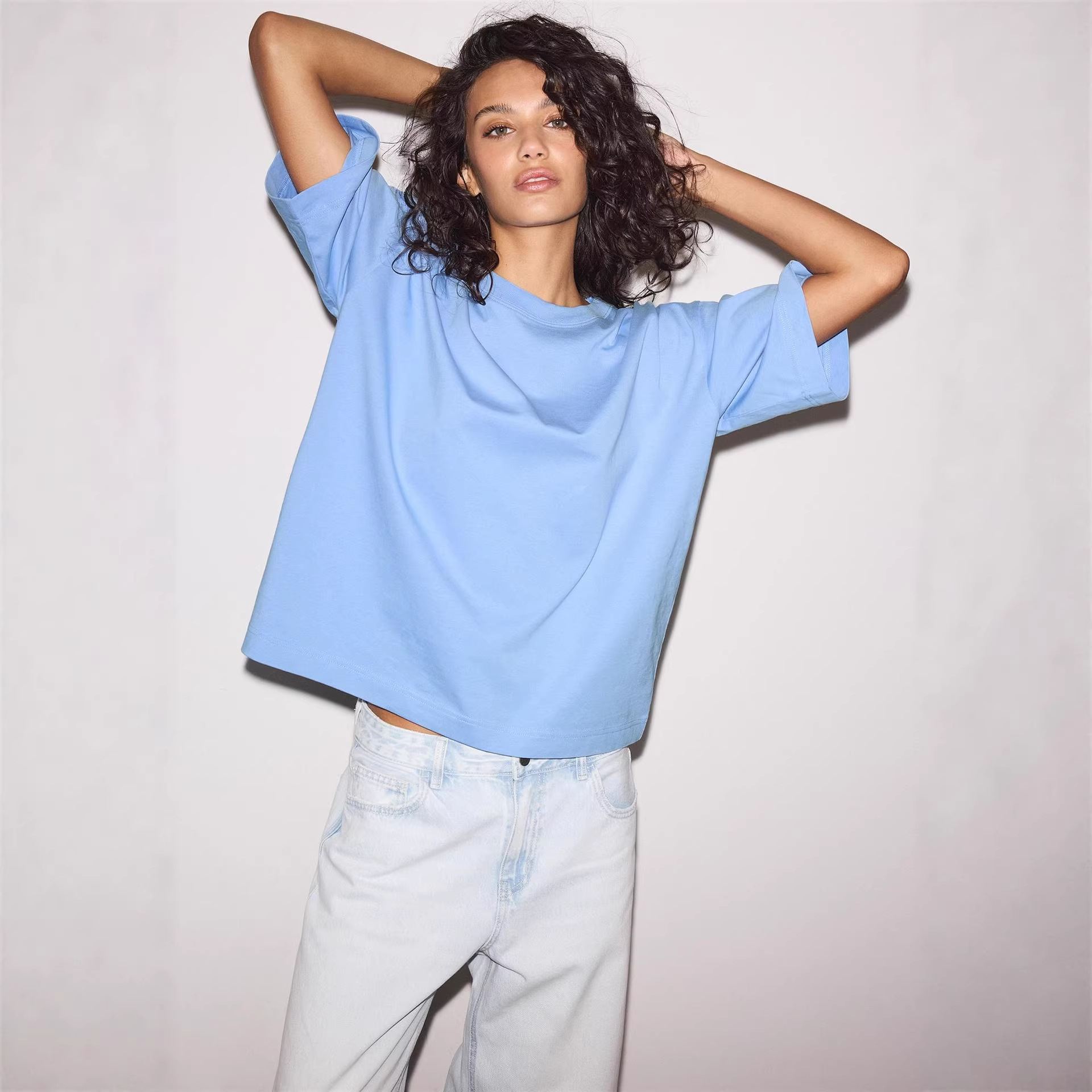 2026 verano nueva ropa de mujer de algodón de manga corta larga larga casual comercio exterior transfronterizo caída de hombro camiseta transpirable de color sólido