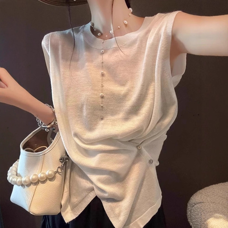 Irregular Cross Design Top Pure Color Pullover Round Neck Knitwear 2025 Summer Sleeveless Vest Fashionable Women