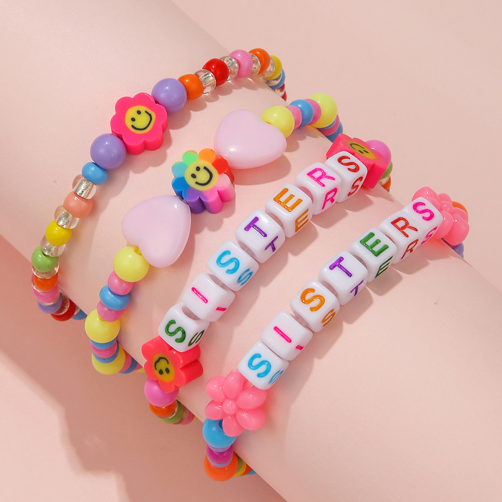Sweet Letter Heart Shape Flower Plastic soft clay Beaded Handmade Kidu0027S Bracelets 1 Set