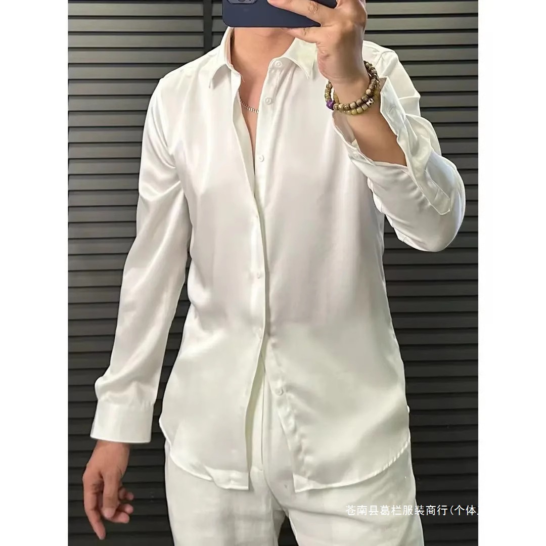2024 Summer Acetate Cool Version Pure Color Long-Sleeved Shirt Men's Light Luxury Shirt Jacket Thin Style