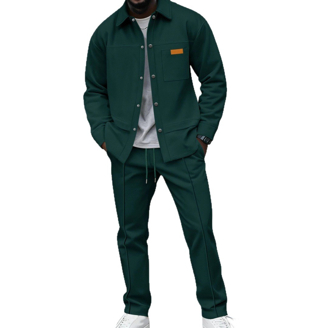 2025 European And American Cross-border Men's Autumn New Waffle Pattern Solid Color Turn-down Collar Pocket Long-sleeve_voghion.com