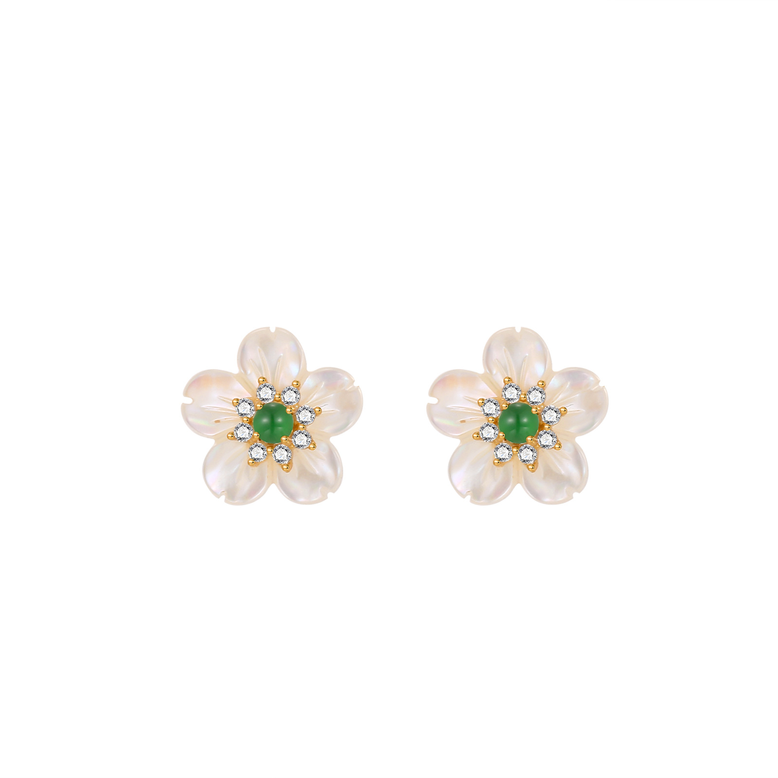 Pendientes de flores de color verde esmeralda de material peligroso natural Plata esterlina s925 blanco nácar niña Pendientes de temperamento suave y delicado mujer