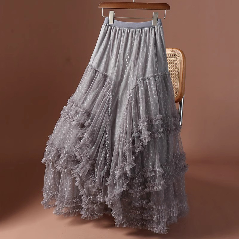 Large Swing Jacquard Love Mesh Skirt plus size Women's 2025 New Style Veil Skirt Fluffy Skirt Fairy Cake Long Skirt