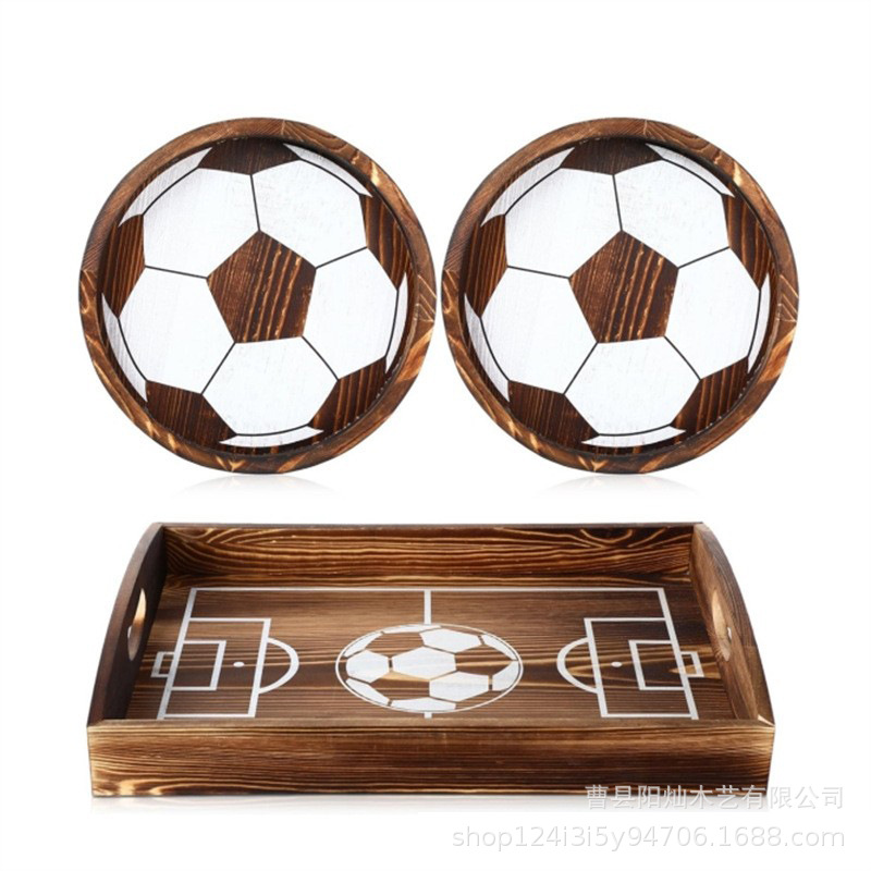 木制足球造型餐盘派对聚会熟食上菜盘带手柄木制方圆形零食点心盘