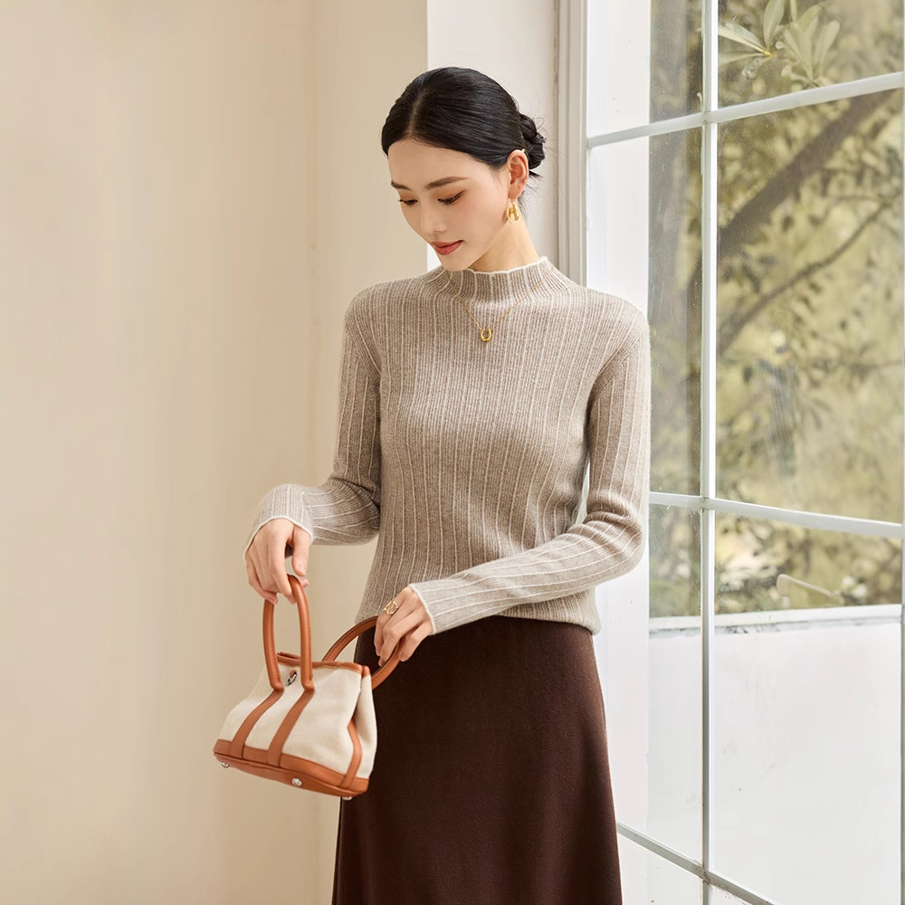 202 New Autumn and Winter Cashmere Bottoming Knitwear Women's Slim Retro Lace Half Turtleneck Long-Sleeved Wool Knitwear